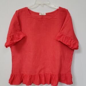 Terzo Millenio Shirt Womens Red Linen Ruffled Top Lagenlook Oversized Boxy Top